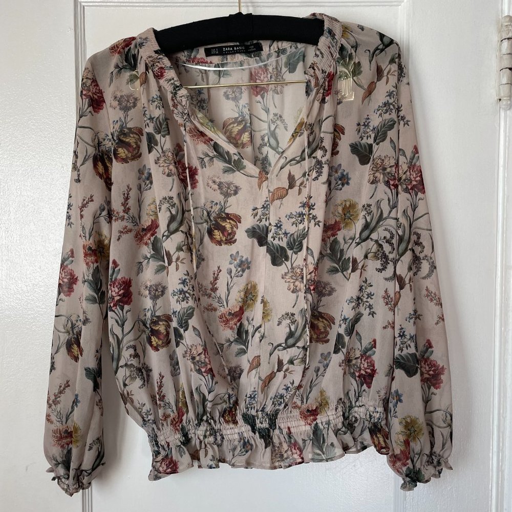 Sheer Nude Floral Blouse Zara Size Small